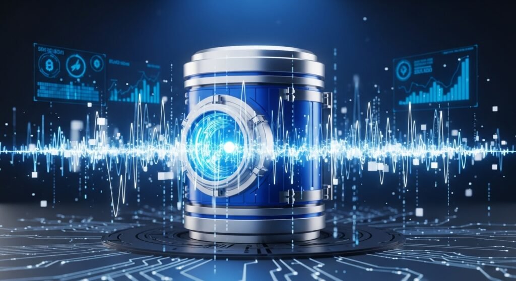 암호화된 블록체인 원장과 디지털 자산을 보호하는 보안 금고 이미지